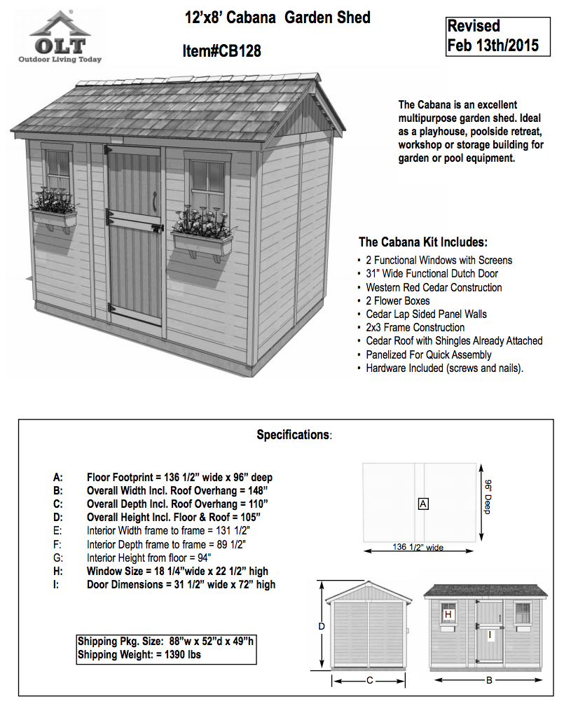 Outdoor Living Today 12x8 Cabana Shed With Dutch Doors And 2